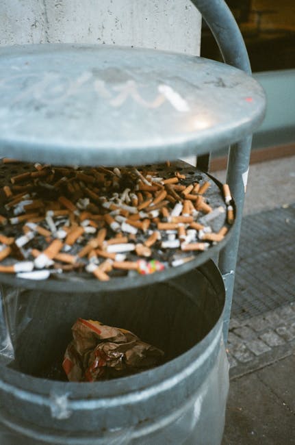 A grey cylindrical outdoor rubbish bin with a domed lid, located on a paved area adjacent to a building wall. The top of the bin is covered with hundreds of discarded cigarette butts, primarily brown and white, with some colored filters. The open storage space beneath the lid contains a crumpled paper bag or wrapping, likely used for waste containment. The scene suggests an urban setting, possibly near a street or public space, where cigarette waste has accumulated on the bin's surface and inside the compartment. The image highlights the common issue of cigarette litter in public areas, linking to waste management services that handle informal disposal and collection of such refuse. Waste Clearance Knightsbridge provides solutions for alternative waste handling, including the safe removal of small waste items like cigarette butts, often found in street-level waste receptacles in busy city environments.